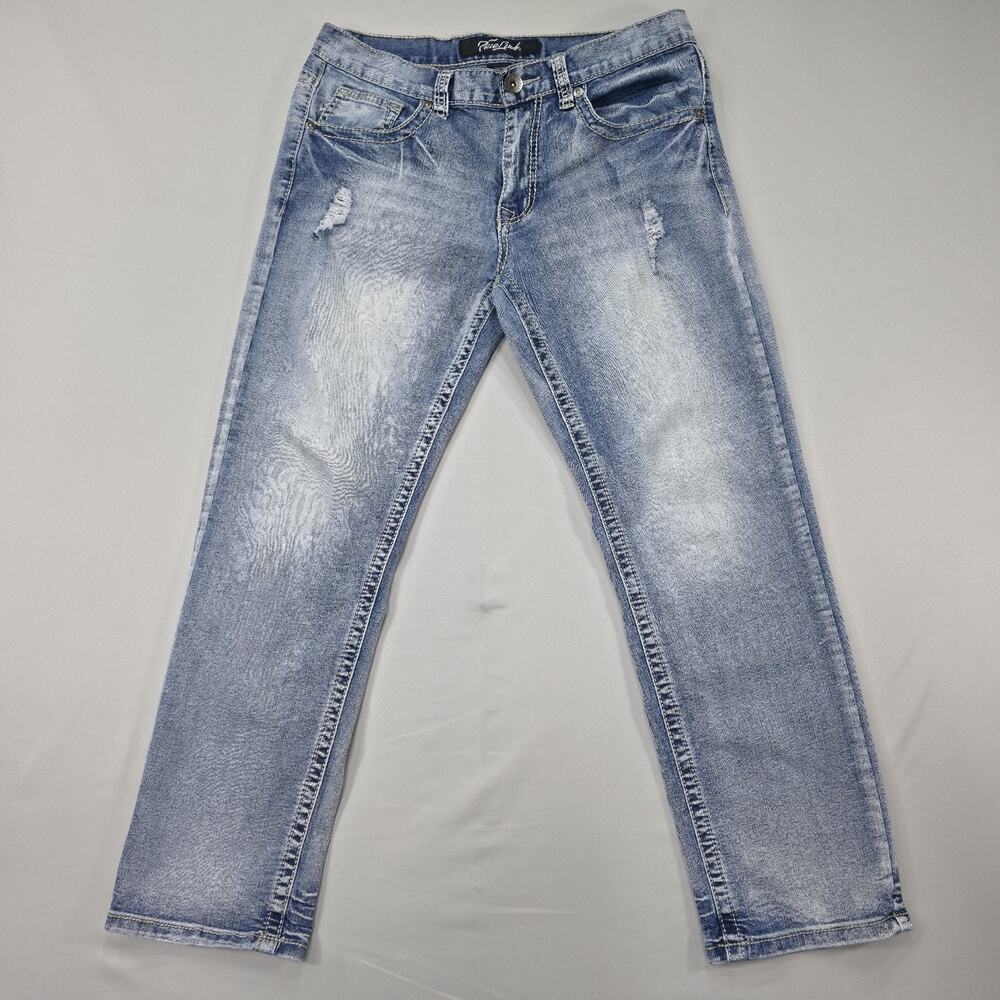 True Luck Mens 32x27 Light Wash Straight Jeans Distressed Stretch Denim Y2K